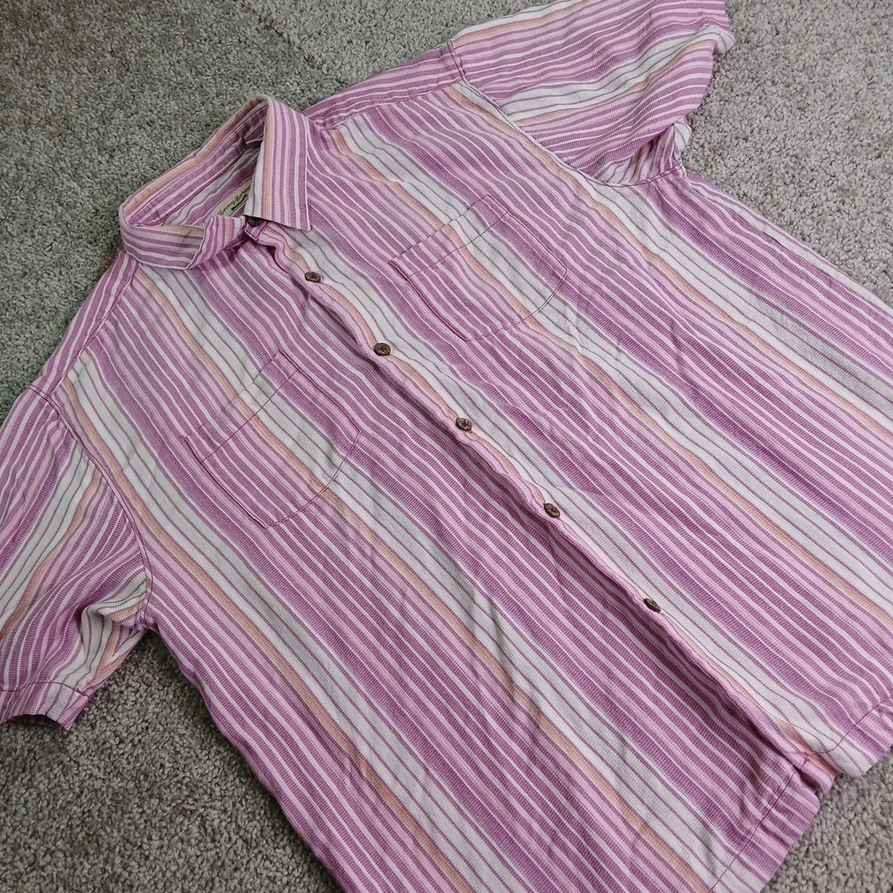 Tommy Bahama Mens XL Pink Purple Striped 100% Silk Short Sleeve Button Shirt